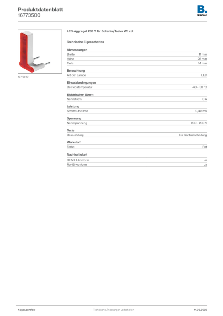 Bild Berker Produktdatenblatt 16773500 | Hager Deutschland