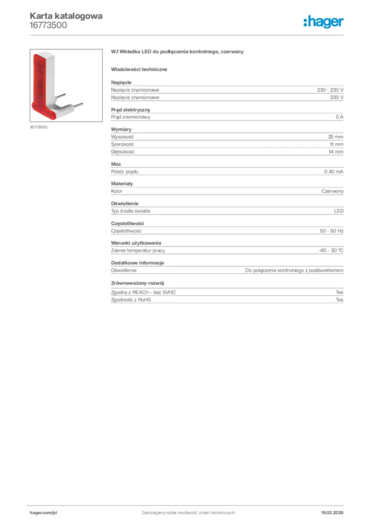 Zdjęcie Hager Karta katalogowa 16773500 | Hager Polska