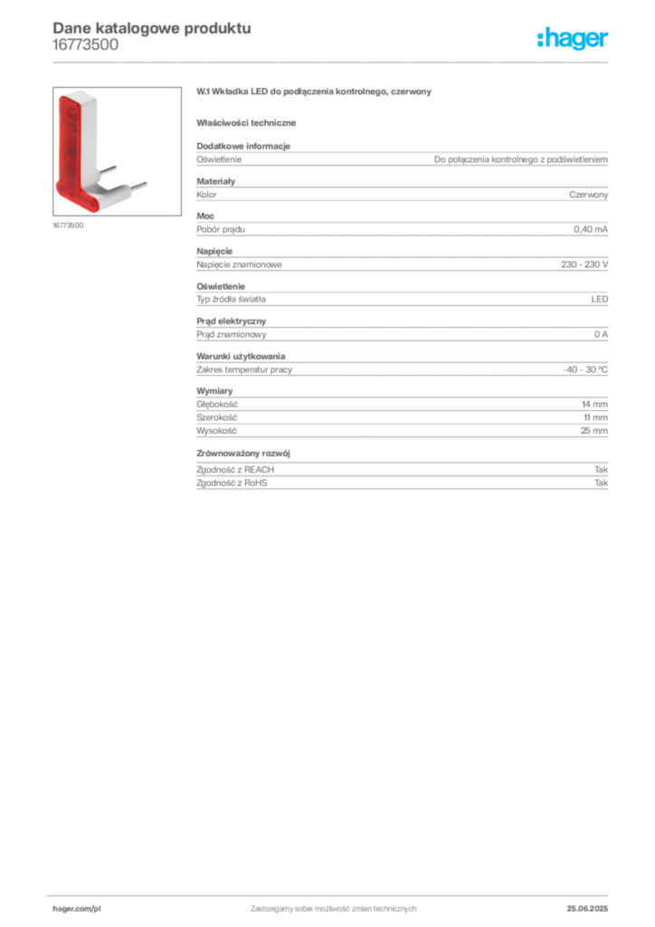 Zdjęcie Hager Dane katalogowe produktu 16773500 | Hager Polska