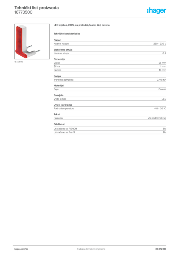 Slika Hager Product data sheet 16773500  | Hager