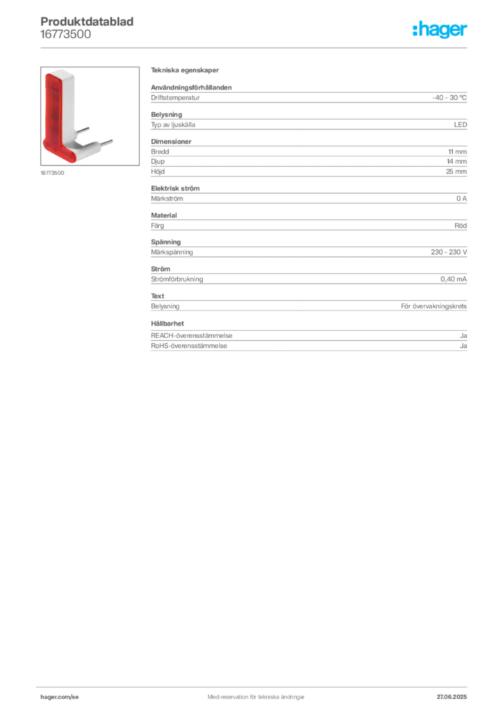 Bild Hager Produktdatablad 16773500 | Hager Sverige
