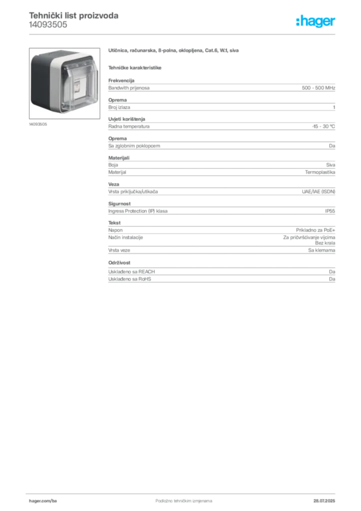 Slika Hager Product data sheet 14093505  | Hager
