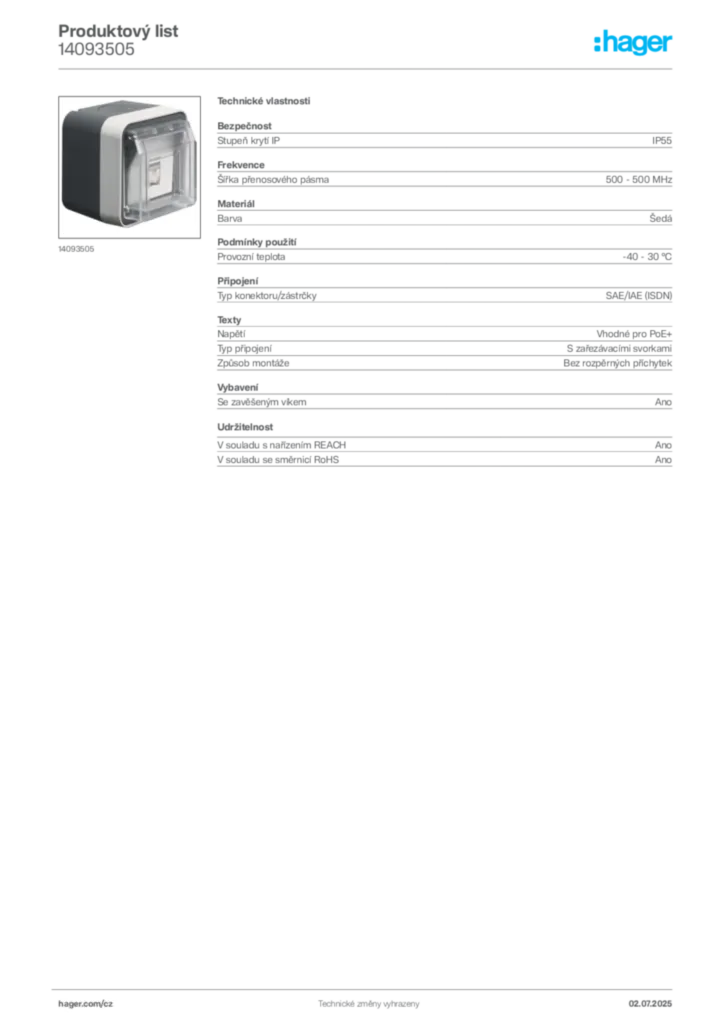 Obrázek Hager Product data sheet 14093505 | Hager