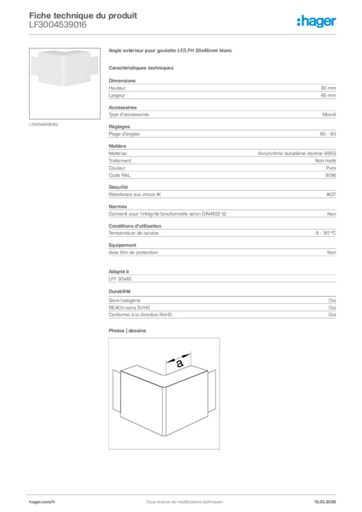 Image Hager Fiche technique du produit LF3004539016 | Hager France