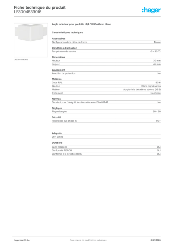 Image Hager Fiche technique du produit LF3004539016 | Hager Belgique