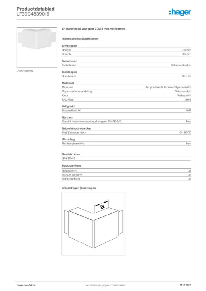Afbeelding Hager Productdatablad LF3004539016 | Hager Belgium