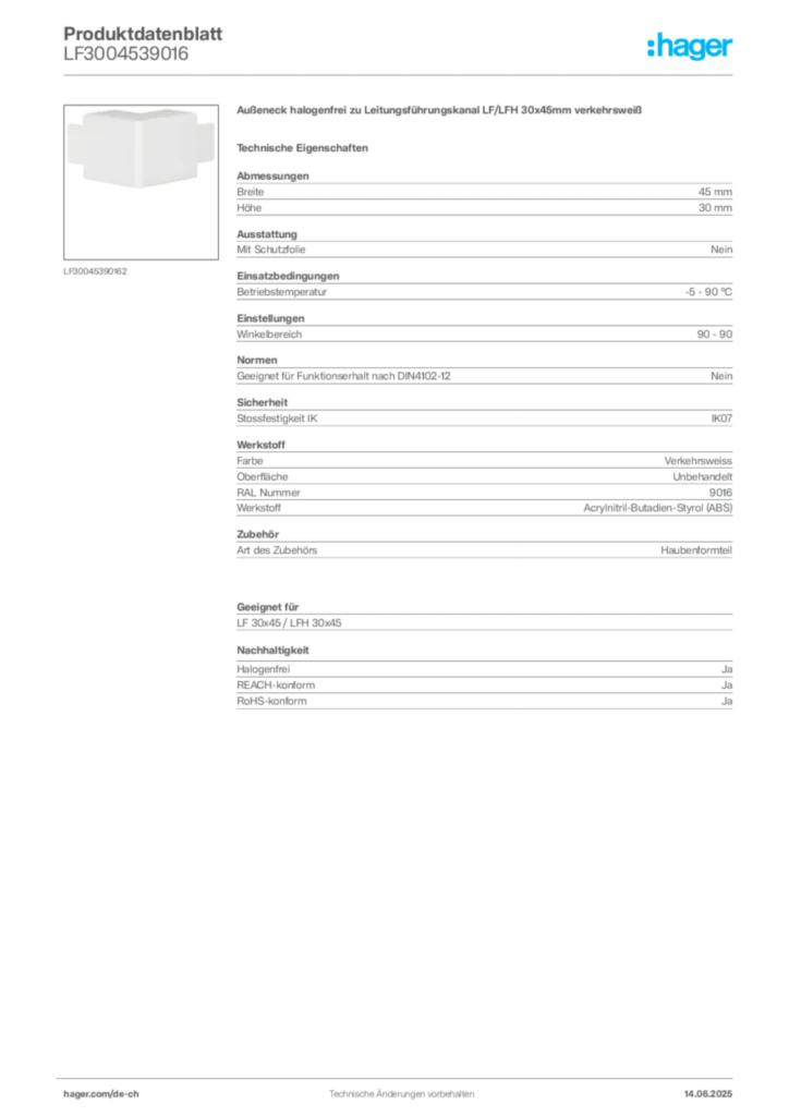 Bild Hager Produktdatenblatt LF3004539016 | Hager Schweiz