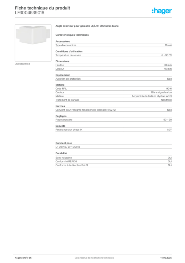 Image Hager Fiche technique du produit LF3004539016 | Hager Suisse