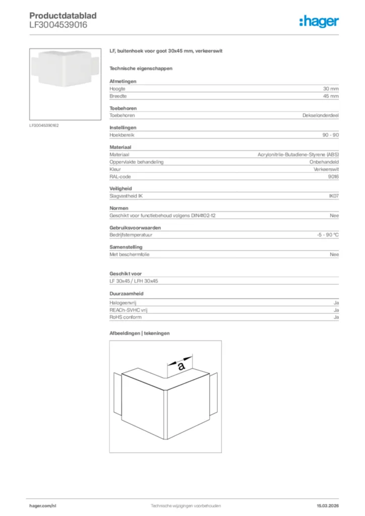 Afbeelding Hager Productdatablad LF3004539016 | Hager Nederland