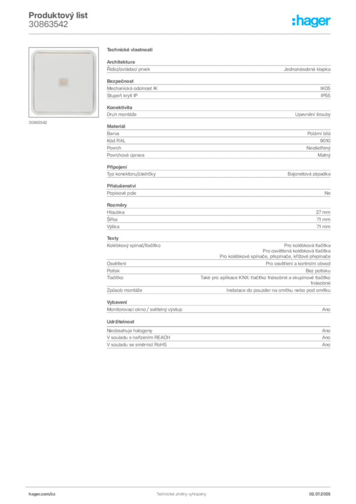 Obrázek Hager Produktový list 30863542 | Hager