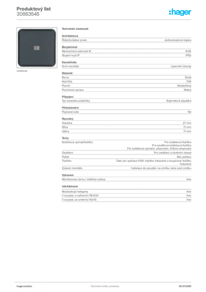 Obrázek Hager Produktový list 30863545 | Hager