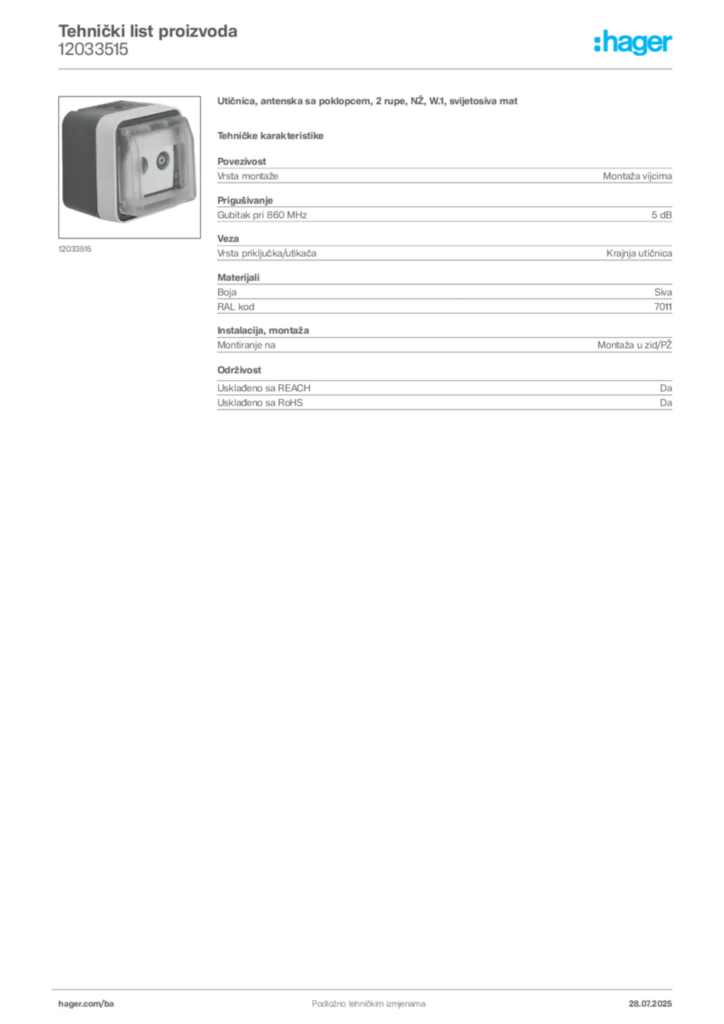 Slika Hager Product data sheet 12033515  | Hager