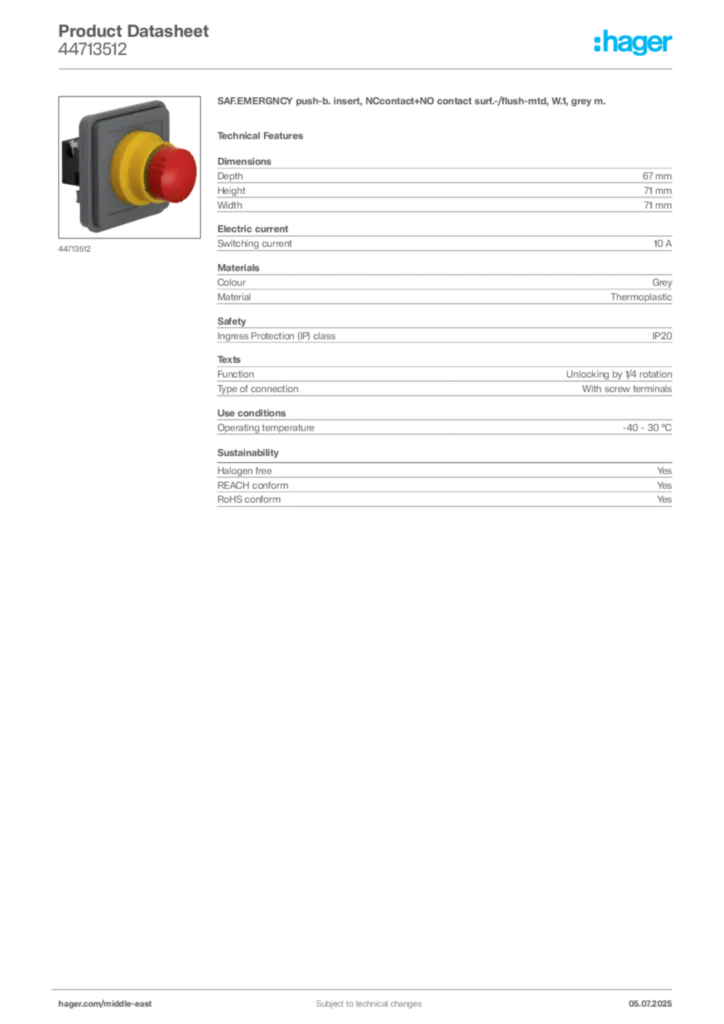 Image Hager Product data sheet 44713512  | Hager