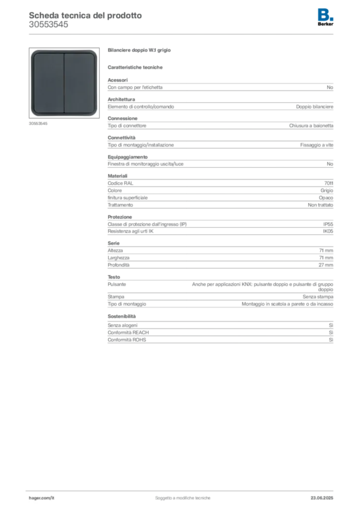 Immagine Berker Scheda tecnica del prodotto 30553545 | Hager Italia