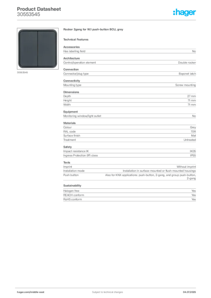 Image Hager Product data sheet 30553545  | Hager