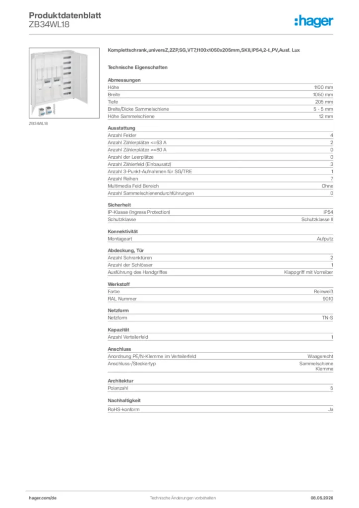 Bild Hager Produktdatenblatt ZB34WL18 | Hager Deutschland