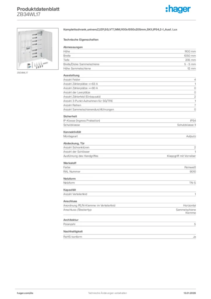 Bild Hager Produktdatenblatt ZB34WL17 | Hager Deutschland