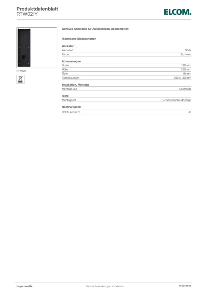 Bild Elcom Produktdatenblatt RTW021Y | Hager Deutschland