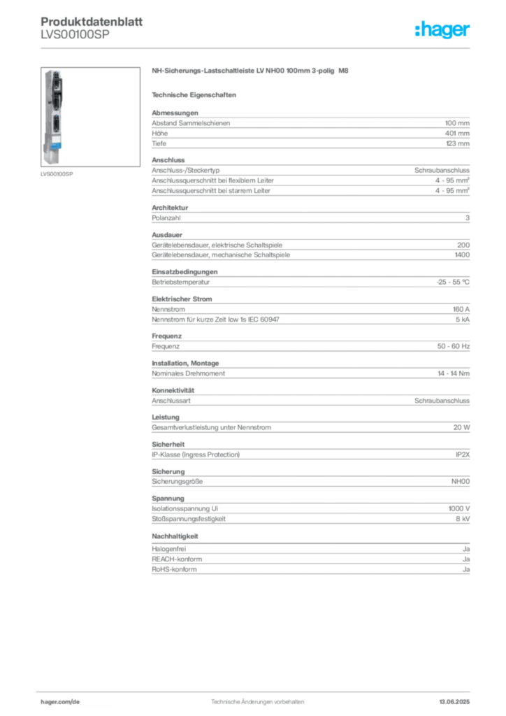 Bild Hager Produktdatenblatt LVS00100SP | Hager Deutschland