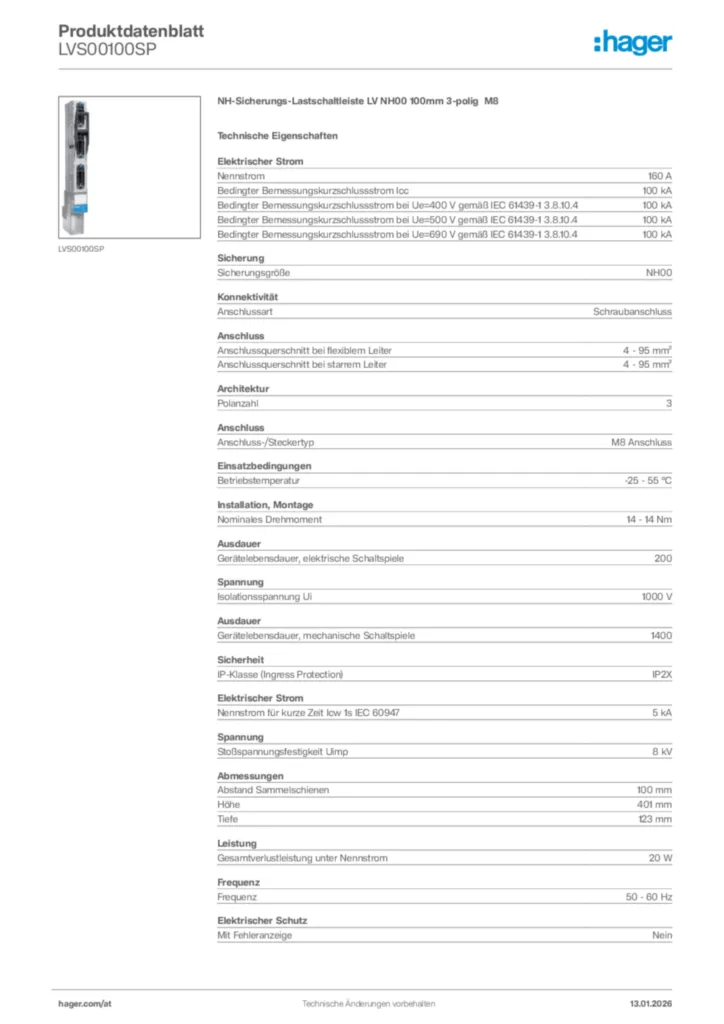 Bild Hager Produktdatenblatt LVS00100SP | Hager Deutschland