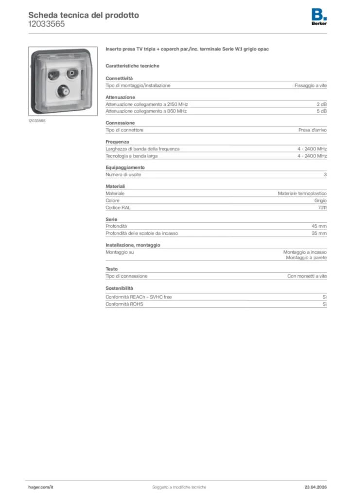 Immagine Berker Scheda tecnica del prodotto 12033565 | Hager Italia