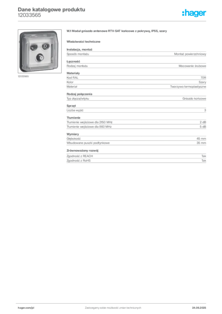 Zdjęcie Hager Dane katalogowe produktu 12033565 | Hager Polska