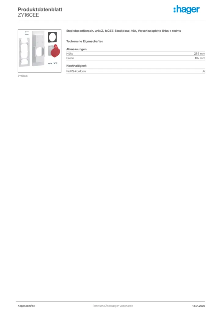 Bild Hager Produktdatenblatt ZY16CEE | Hager Deutschland