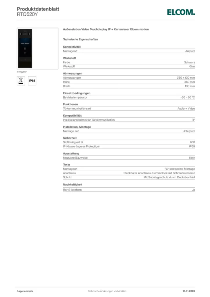 Bild Elcom Produktdatenblatt RTQ520Y | Hager Deutschland