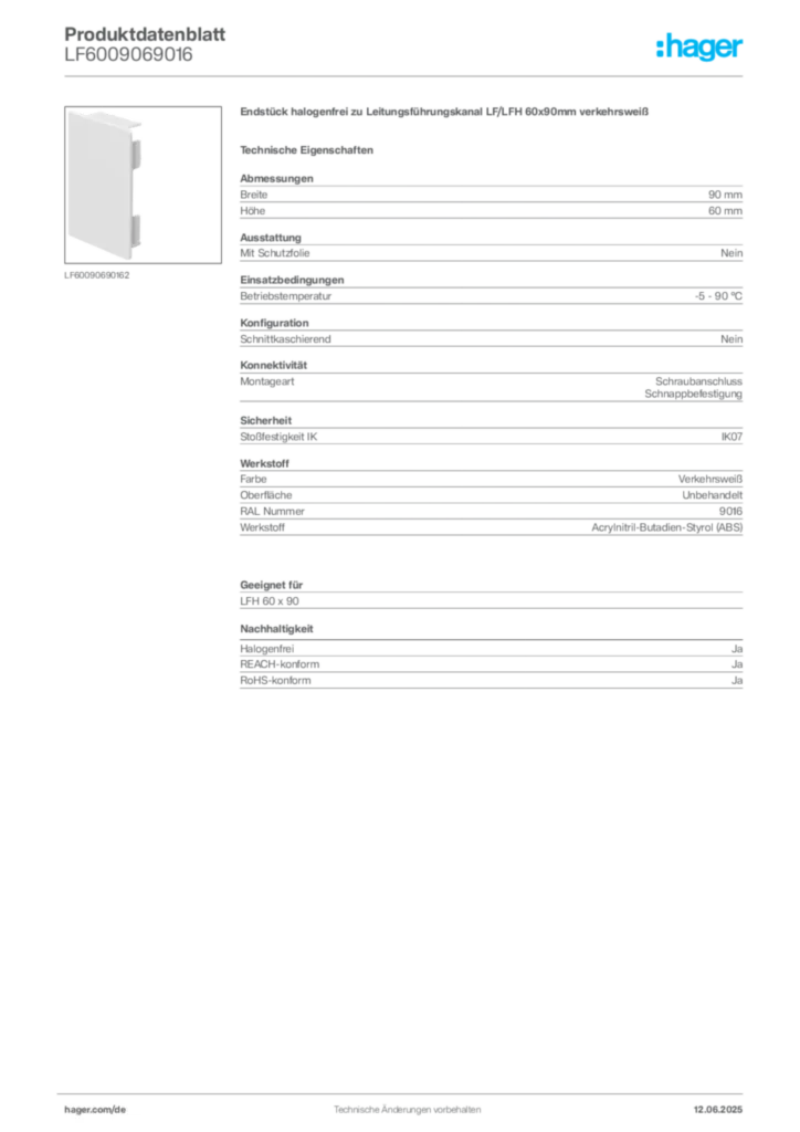 Bild Hager Produktdatenblatt LF6009069016 | Hager Deutschland
