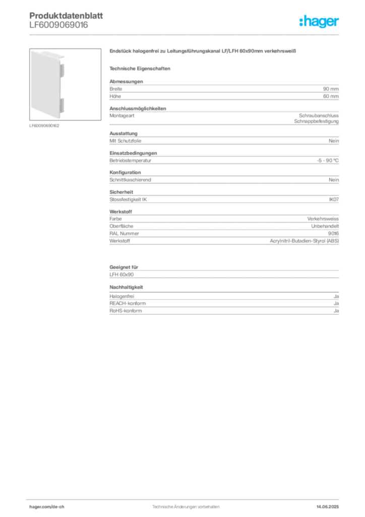 Bild Hager Produktdatenblatt LF6009069016 | Hager Schweiz