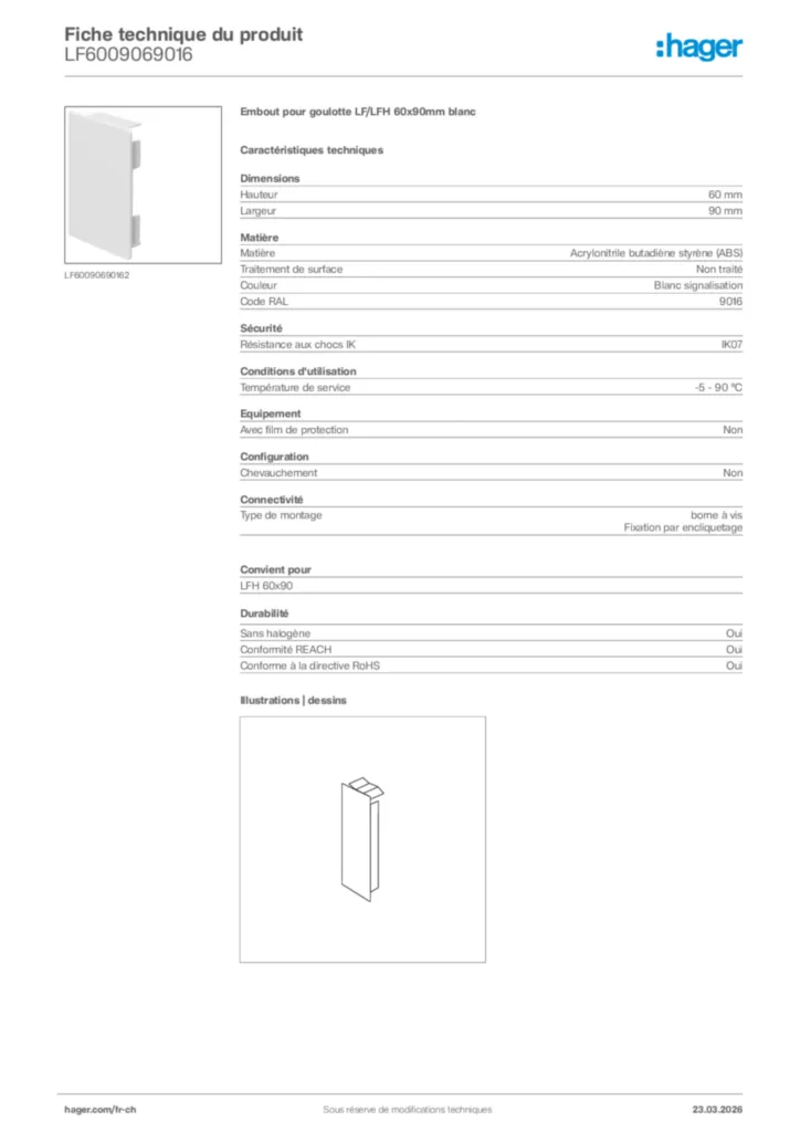 Image Hager Fiche technique du produit LF6009069016 | Hager Suisse