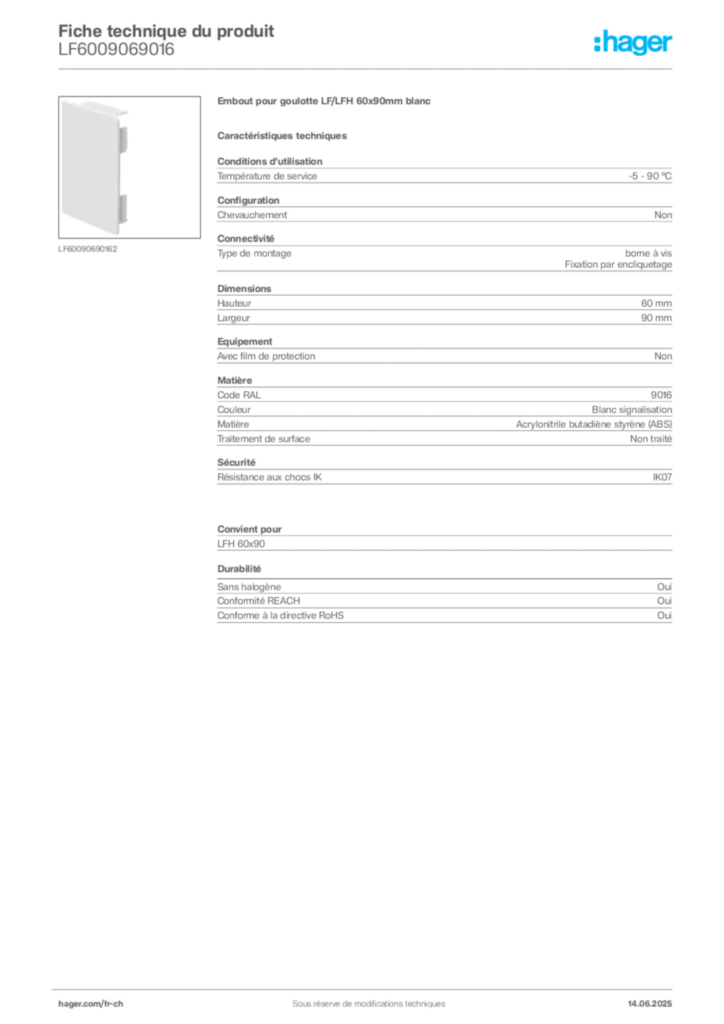 Image Hager Fiche technique du produit LF6009069016 | Hager Suisse