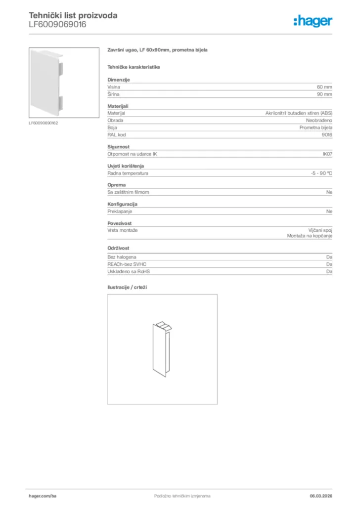 Slika Hager Tehnički list proizvoda LF6009069016  | Hager