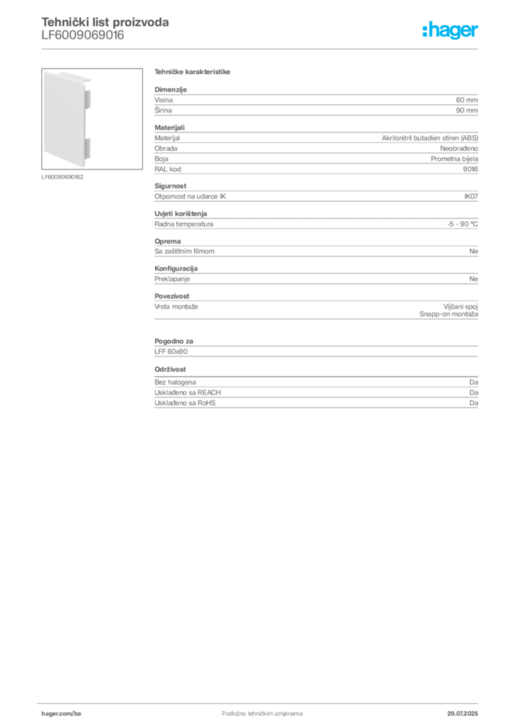 Slika Hager Product data sheet LF6009069016  | Hager