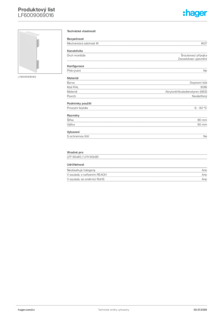 Obrázek Hager Produktový list LF6009069016 | Hager
