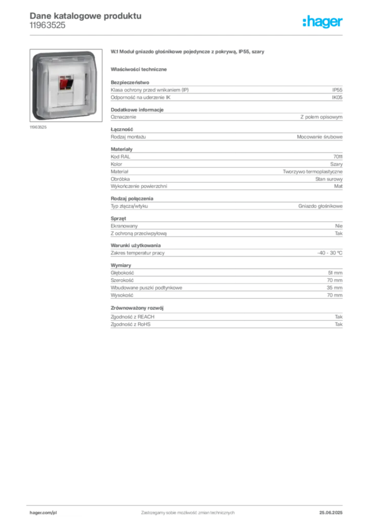 Zdjęcie Hager Dane katalogowe produktu 11963525 | Hager Polska