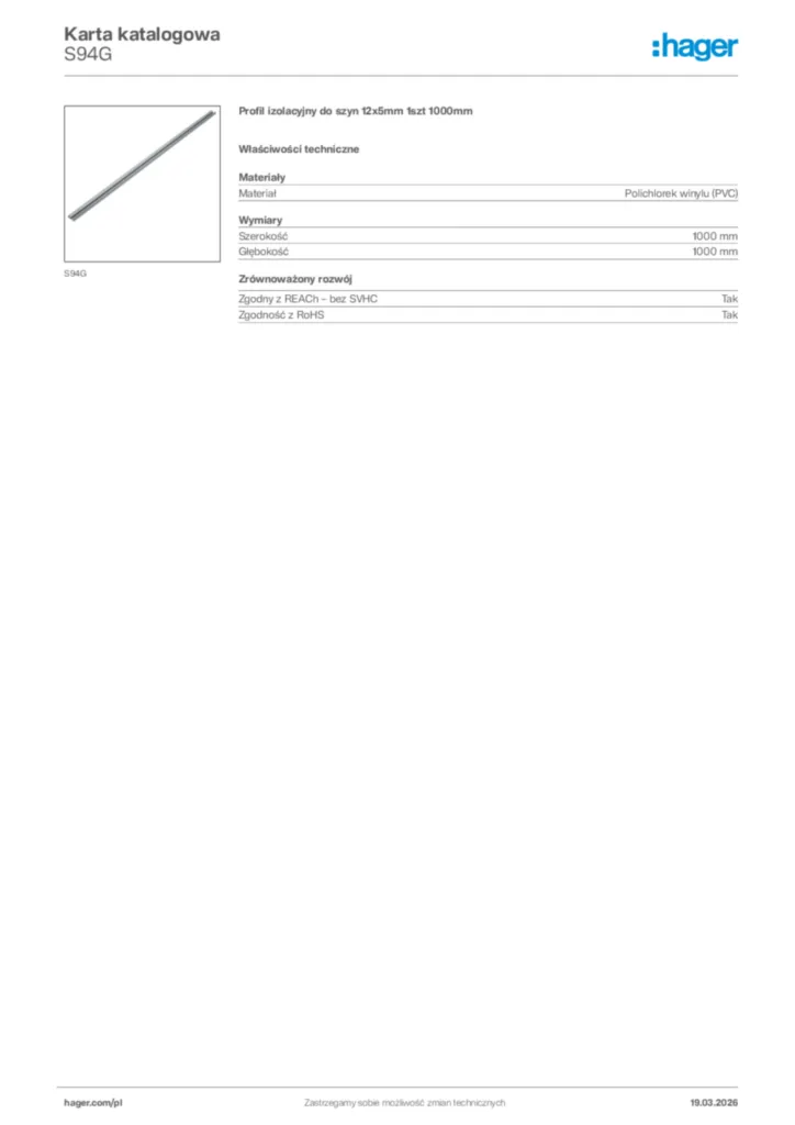 Zdjęcie Hager Karta katalogowa S94G | Hager Polska