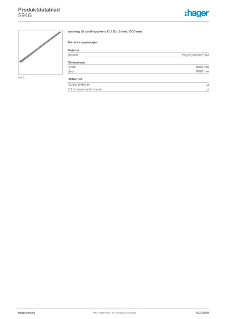 Bild Hager Produktdatablad S94G | Hager Sverige