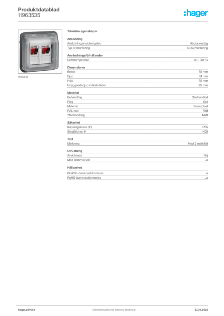 Bild Hager Produktdatablad 11963535 | Hager Sverige