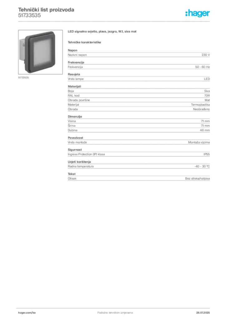 Slika Hager Product data sheet 51733535  | Hager