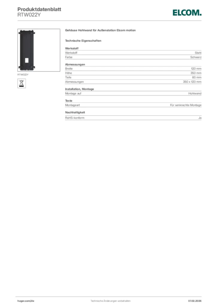 Bild Elcom Produktdatenblatt RTW022Y | Hager Deutschland