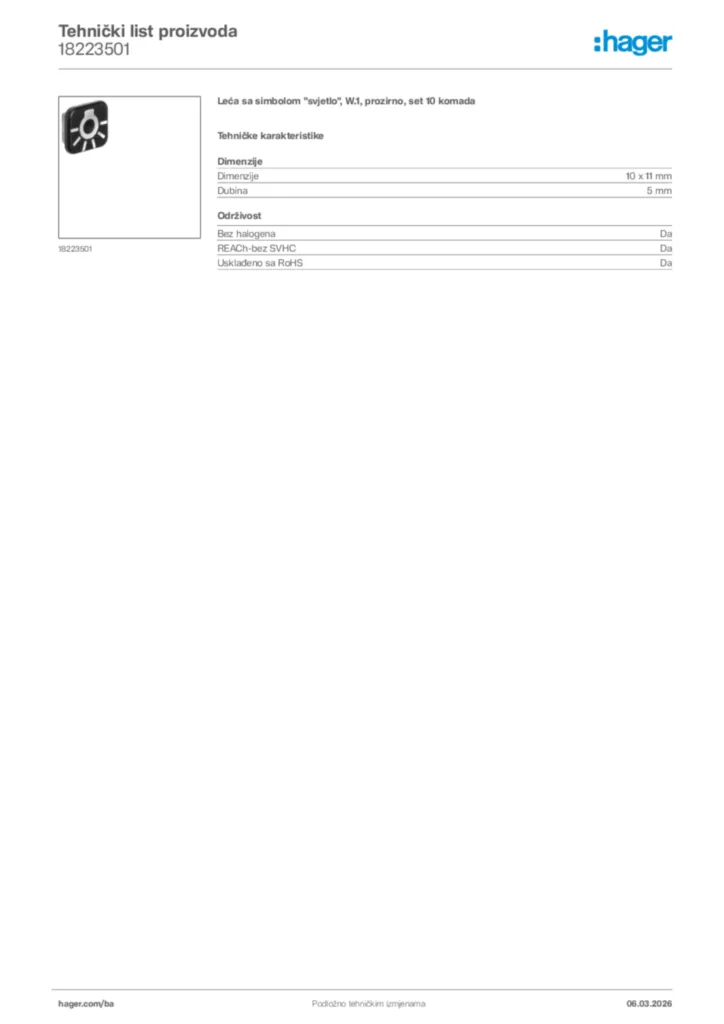 Slika Hager Tehnički list proizvoda 18223501  | Hager