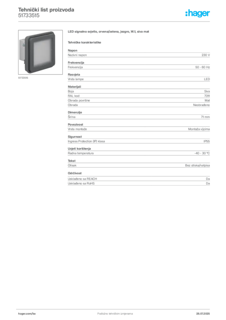 Slika Hager Product data sheet 51733515  | Hager
