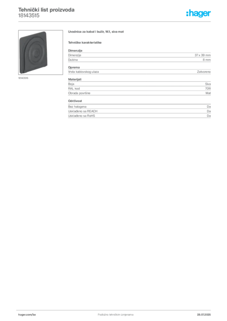 Slika Hager Product data sheet 18143515  | Hager
