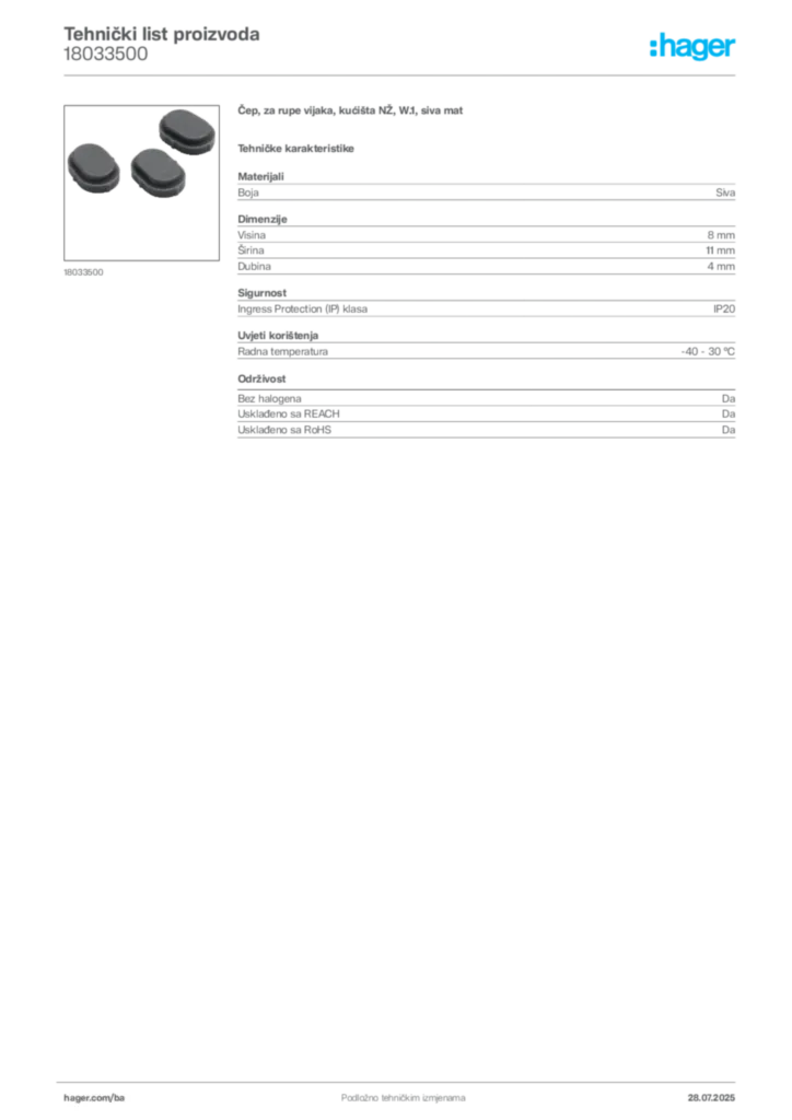 Slika Hager Product data sheet 18033500  | Hager