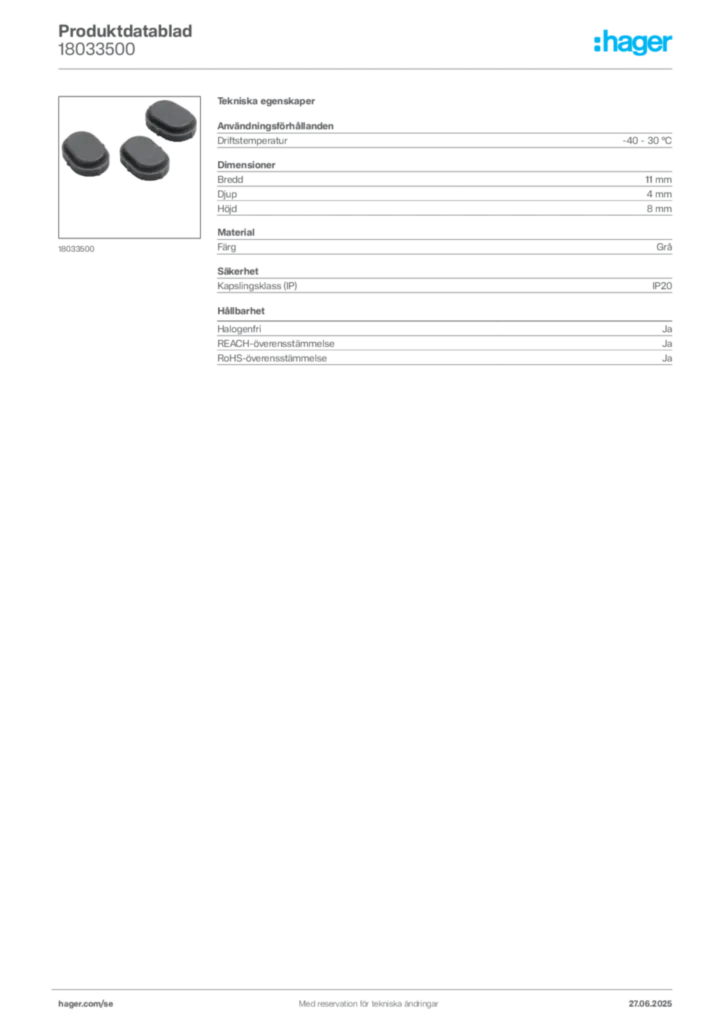 Bild Hager Produktdatablad 18033500 | Hager Sverige