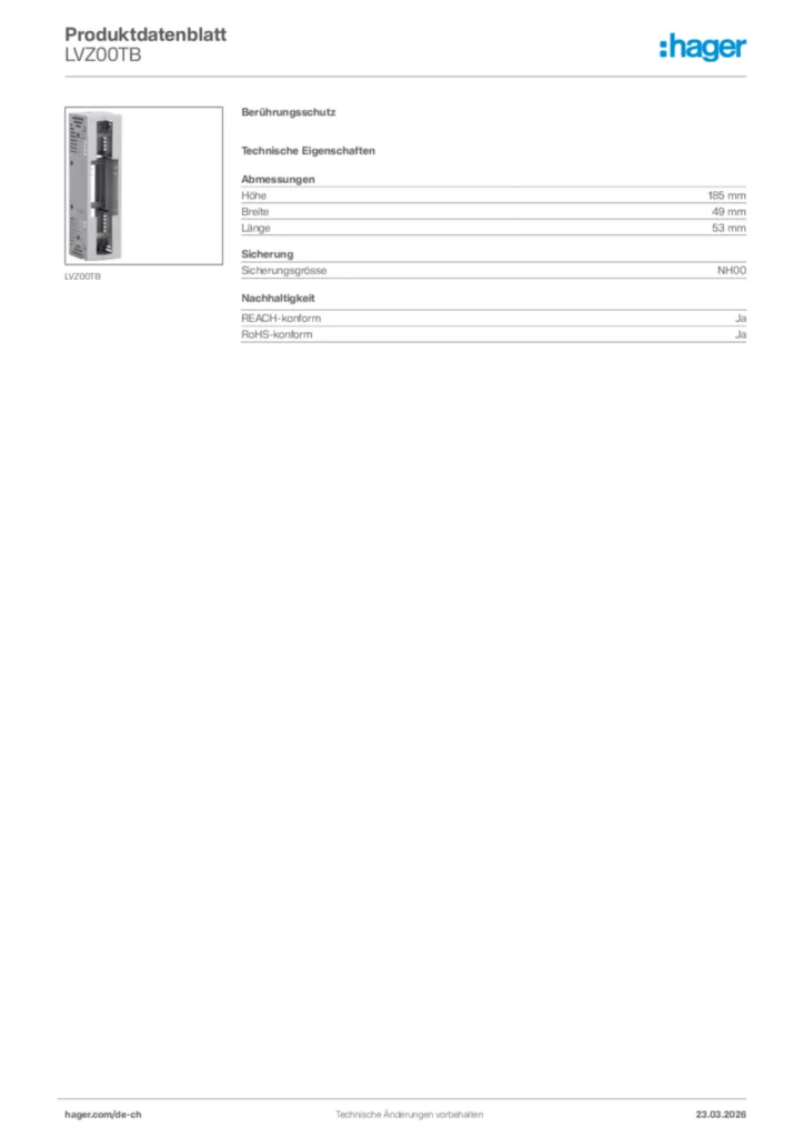 Bild Hager Produktdatenblatt LVZ00TB | Hager Schweiz