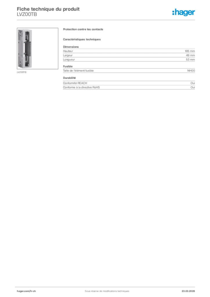 Image Hager Fiche technique du produit LVZ00TB | Hager Suisse