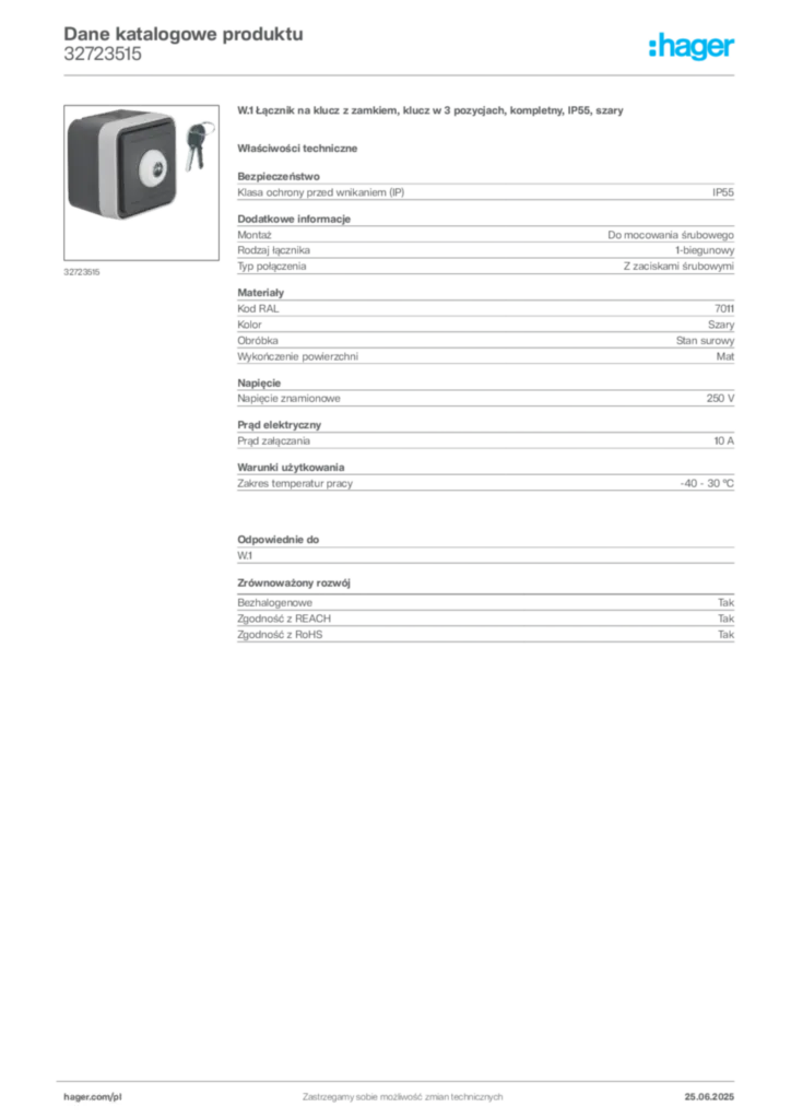 Zdjęcie Hager Dane katalogowe produktu 32723515 | Hager Polska
