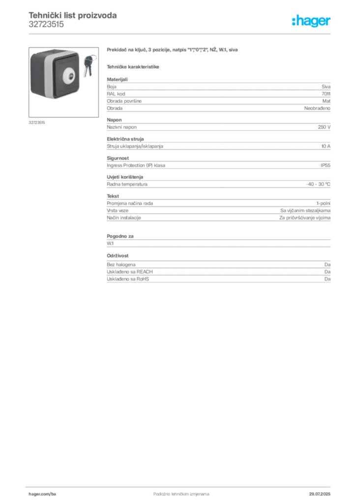 Slika Hager Product data sheet 32723515  | Hager